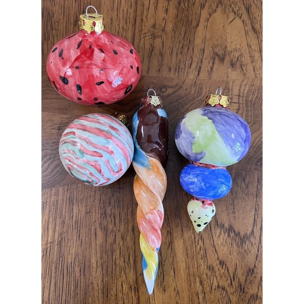 4 Artisan Hand Blown & Painted Large Glass Ornaments Lot Multi Colored